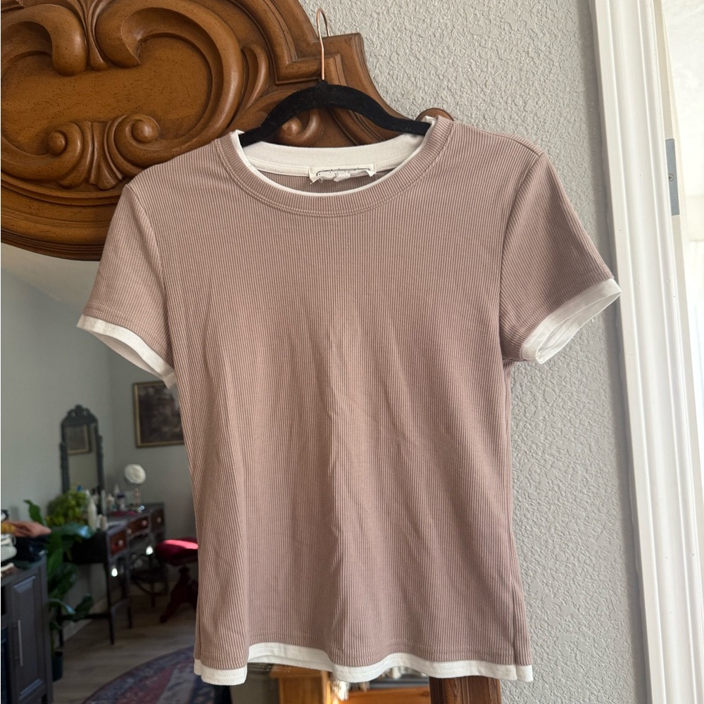 Hippie Rose Ribbed Mauve and White Short Sleeve Top